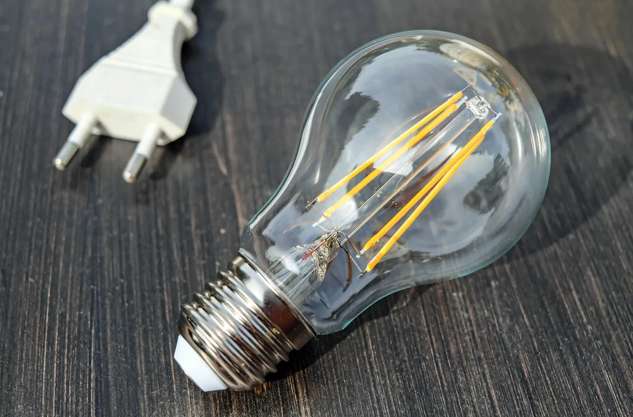 Ampoule à filament posée à côté d'une fiche électrique sur une table en bois